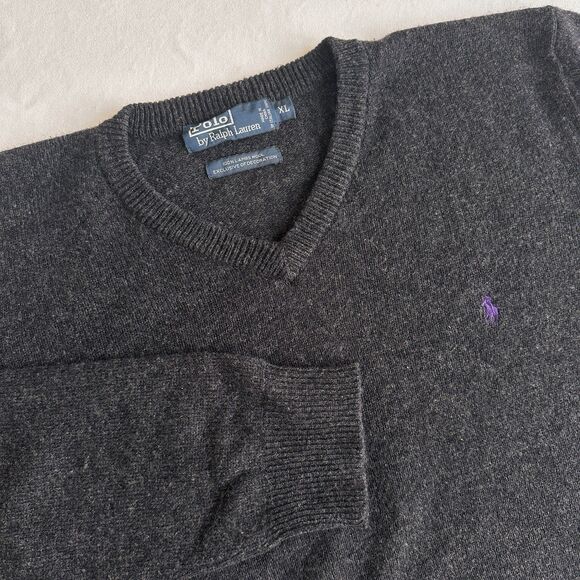 Vintage Polo Ralph Lauren Sweater Mens XL Charcoal 100% Lambswool V-Neck Pony - Picture 1 of 6